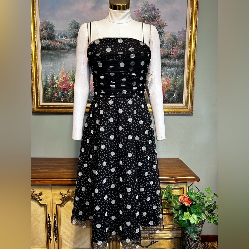 Jessica Howard Black white Sheer Tulle Polka Dot Sleeveless Dress Gown NEW NWT